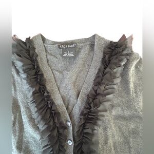 Escapade Grey Ruffle Trim Cardigan Button Front Feminine Lightweight Sweater